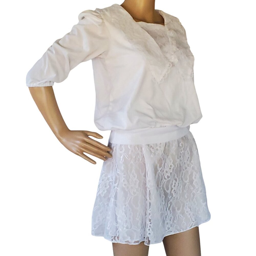 Sharlyn 70s Mini Dress Women's M 3/4 Sleeve Lace Bib Collar Drop Waist White USA